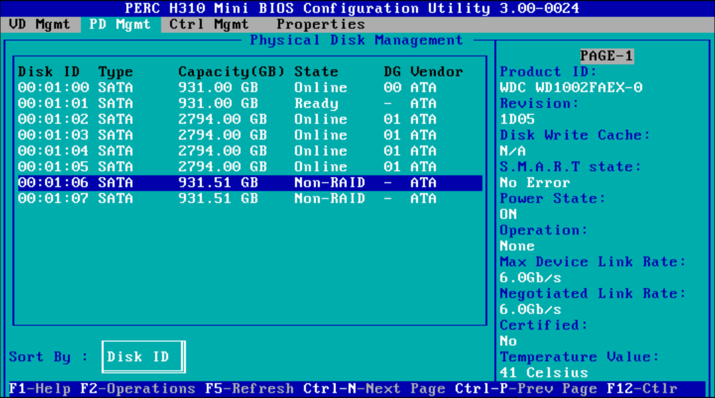 PERC H310 BIOS: 00:01:06 and 00:01:07 are the old disks.